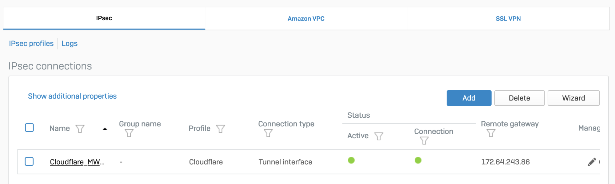 The IPsec tunnel should show up on the IPsec connections list.