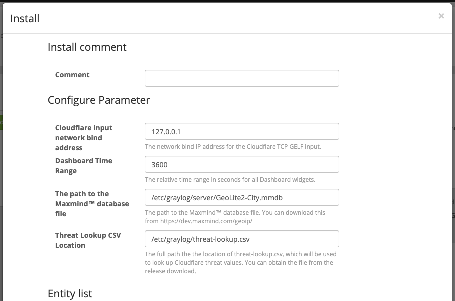 Adding an install comment and configuring parameters in Install Dialog screen